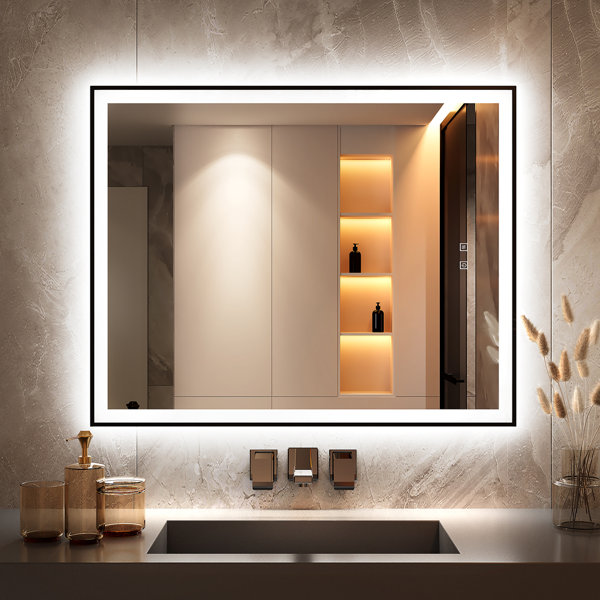 Orren Ellis LED Black Framed Bathroom Vanity Mirror, Illuminated